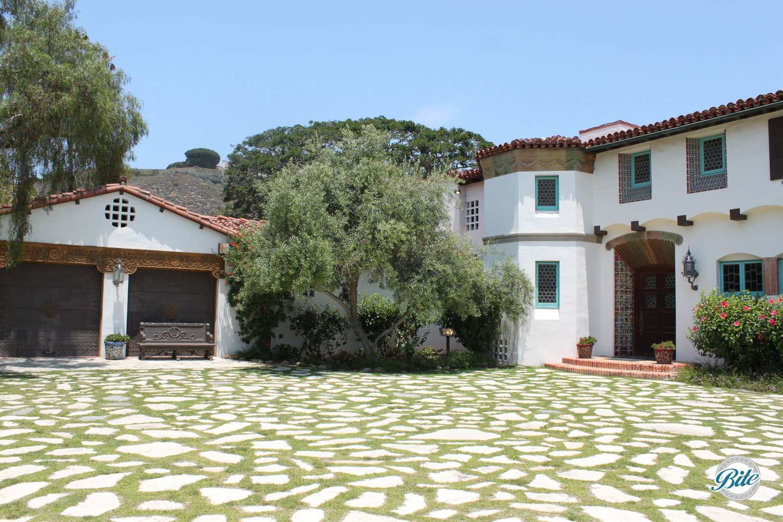 Interior Courtyard event space at Adamson House with beautiful ceramic tiles and woodwork at the entrance to the historic Adamson House