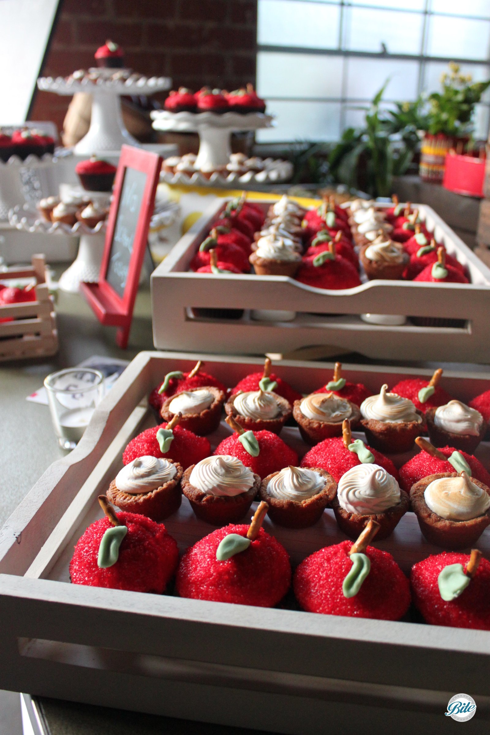 Apple cupcakes and s'mores bites with graham cracker crust on dessert display 