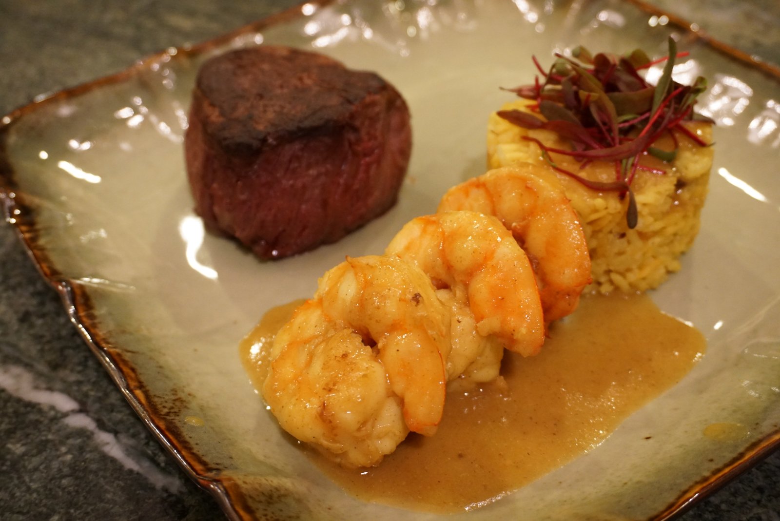 BBQ Beef Filet Mignon paired with Coconut Curry Prawns