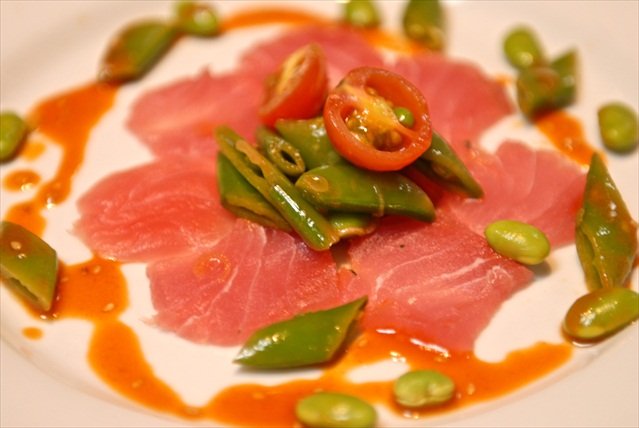 Ahi Tuna Crudo, Sriracha Edamame Salad