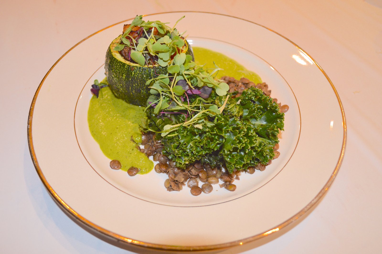 Japanese Squash with Butternut Squash, Braised Lentils and Garlic Sautéed Kale 