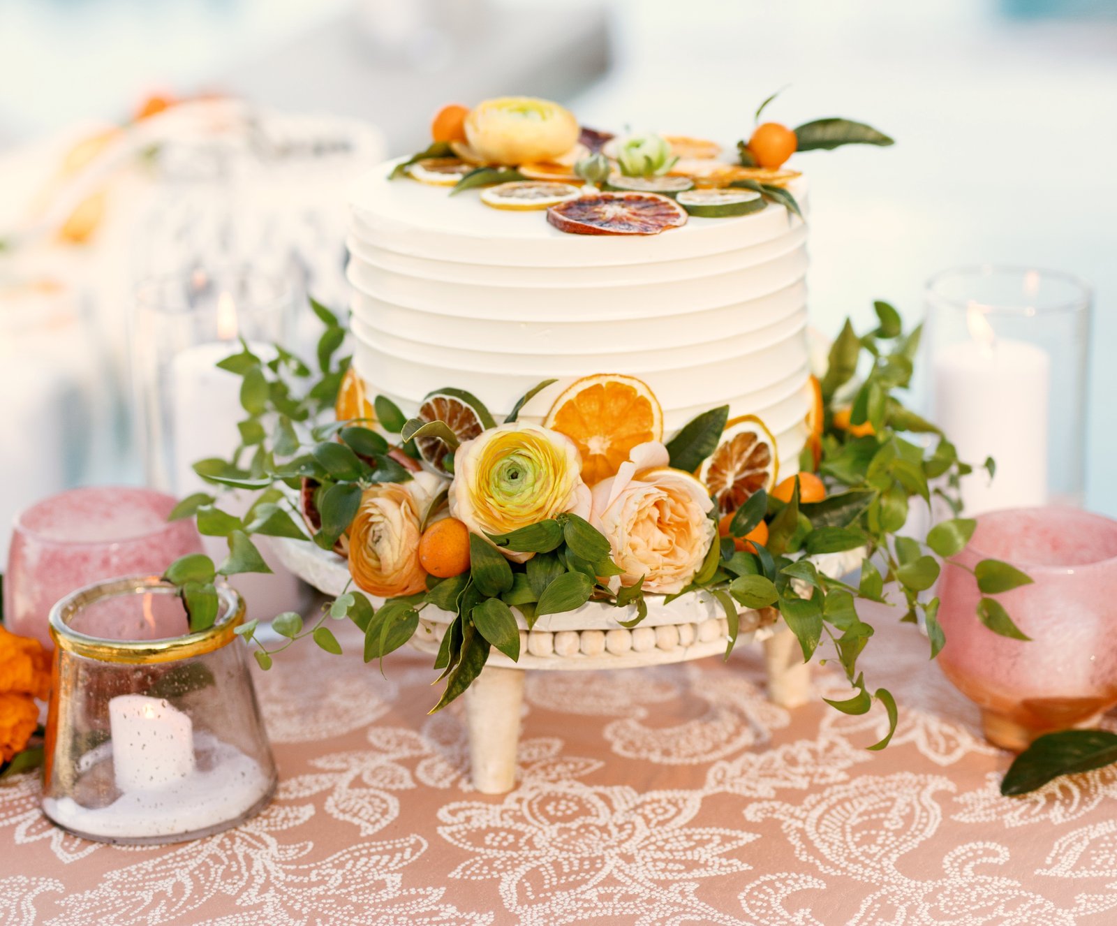 Wedding cake with fruit and floral decor