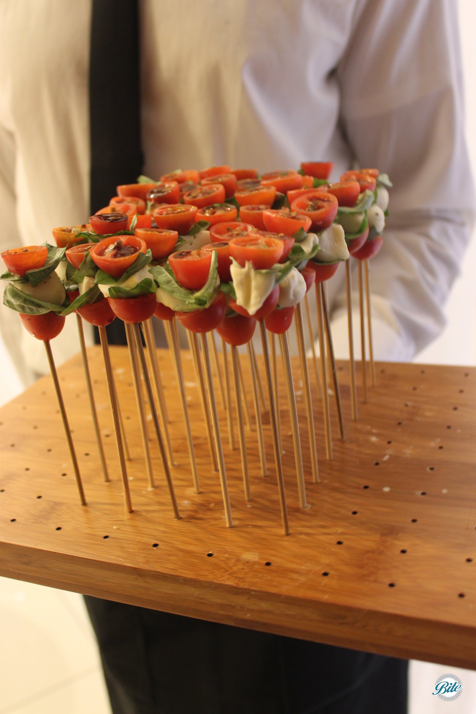 Caprese Skewers - Vertical presentation on Wood