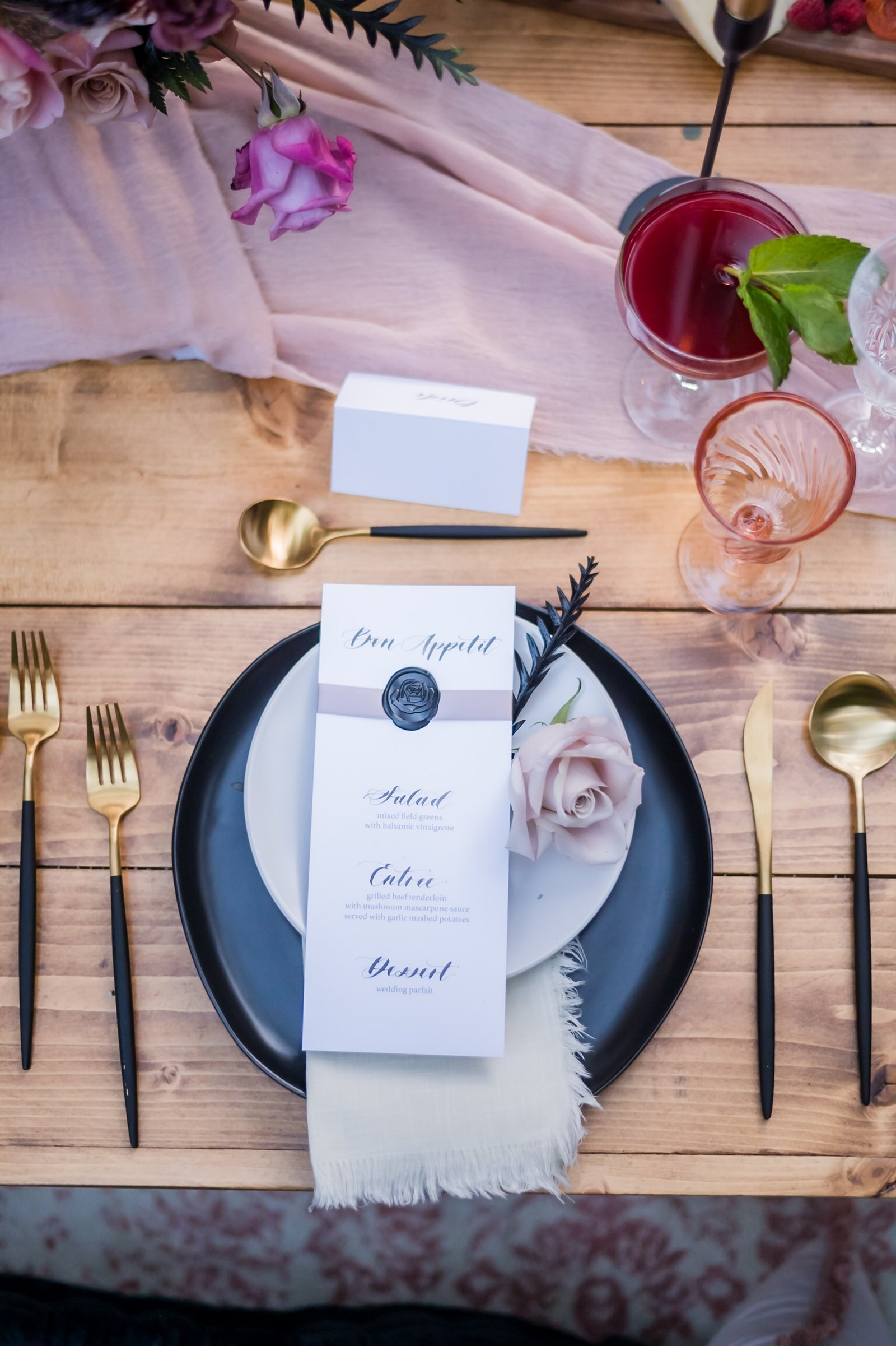 Black, blush and gold tablescape