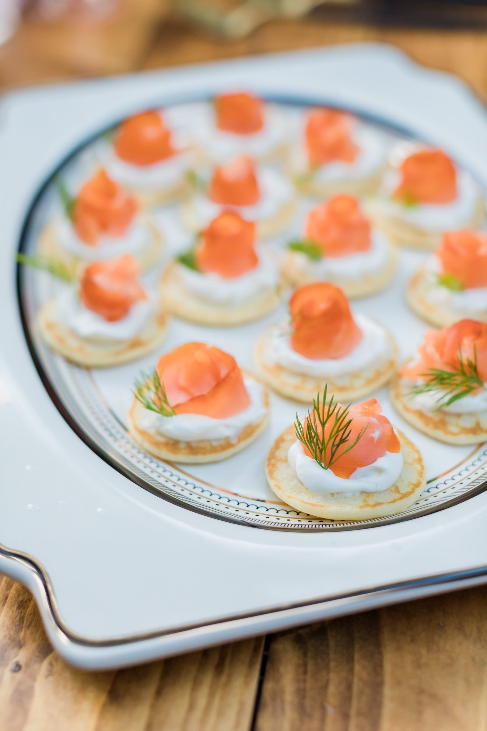 Raised blini with smoked salmon, caviar, creme fraiche and dill