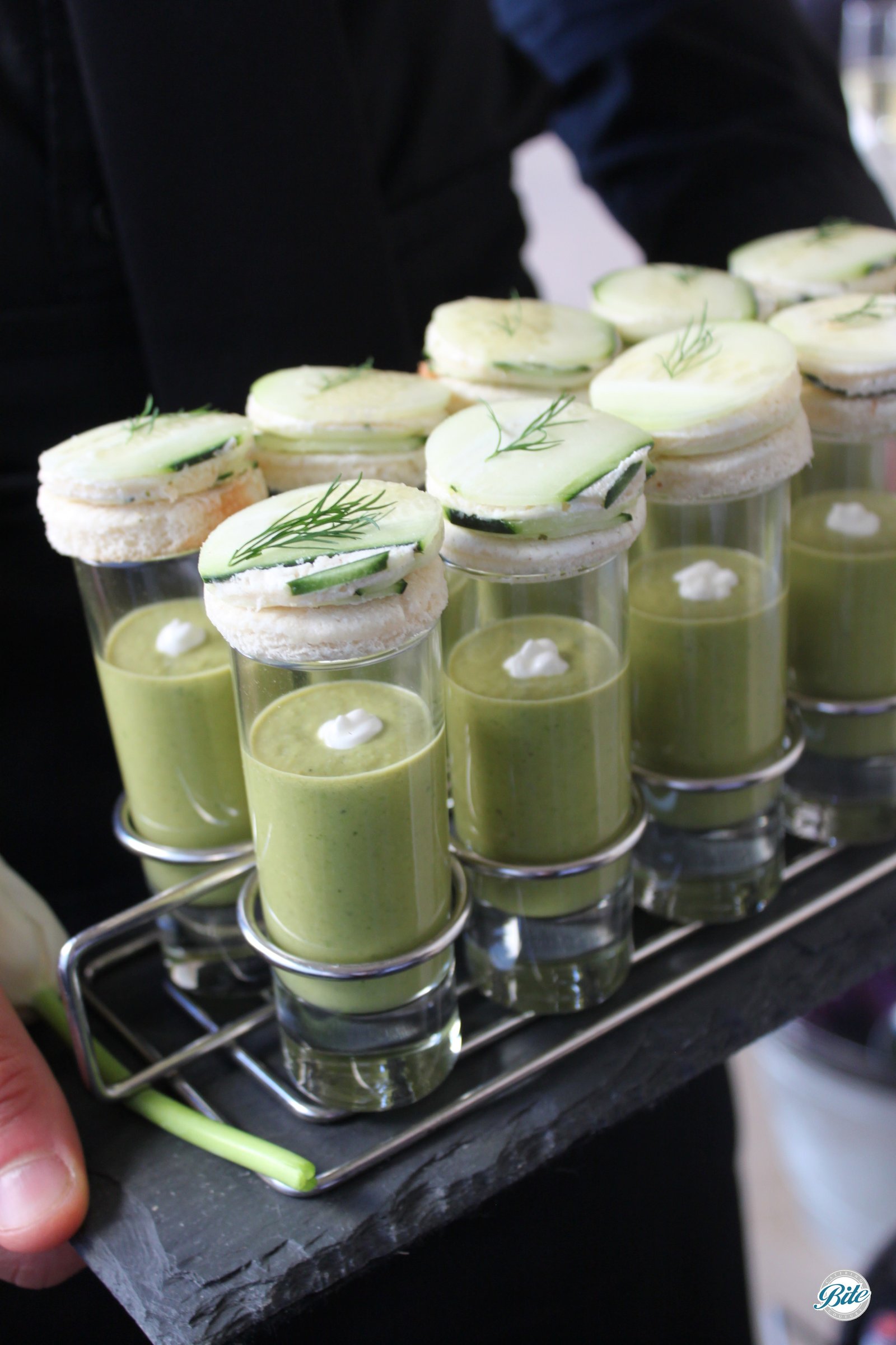 Chilled english pea soup with cucumber boursin canape